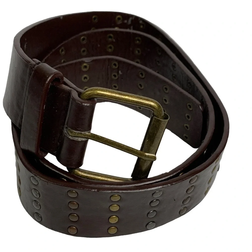 Dark Brown Leather Belt with antique bronze rivets & Buckle Women’s Size 40
